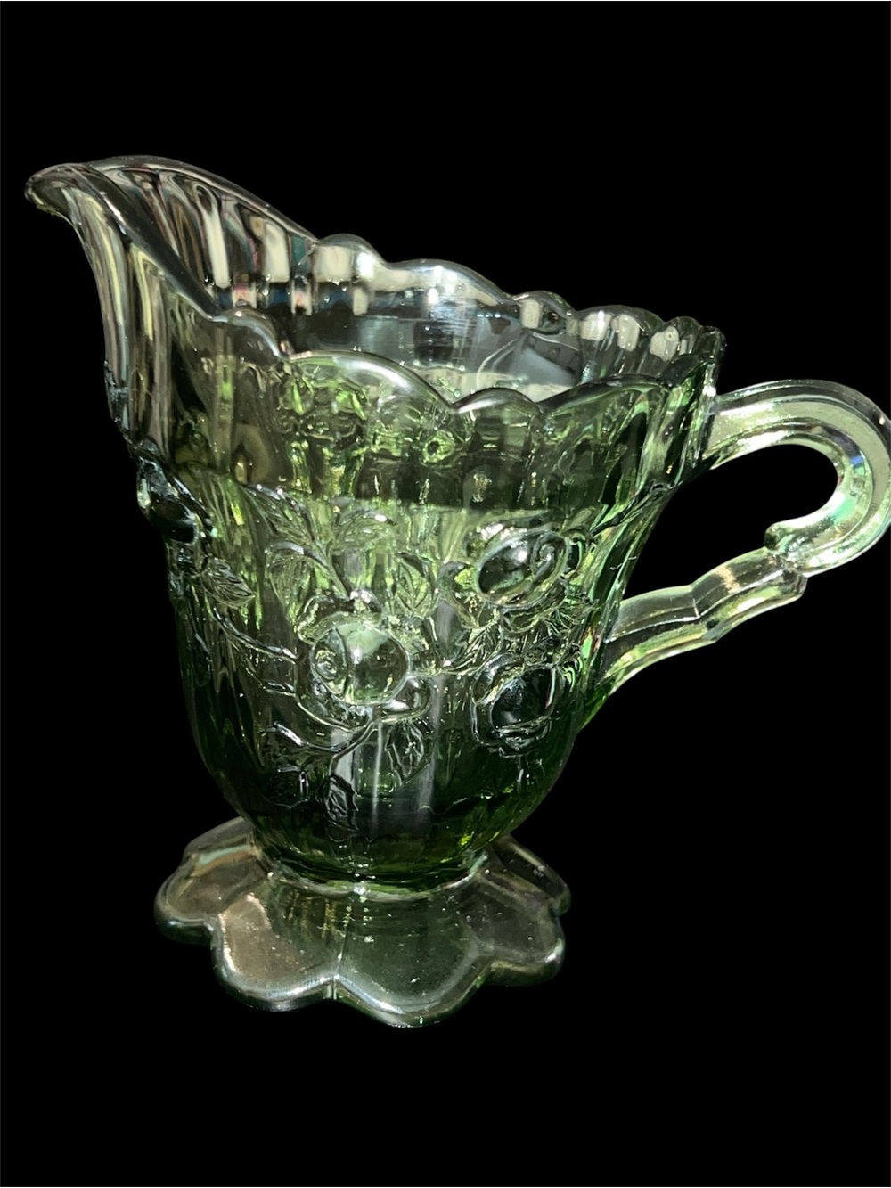 Vintage Imperial Glass Open Rose Green Creamer Pitcher